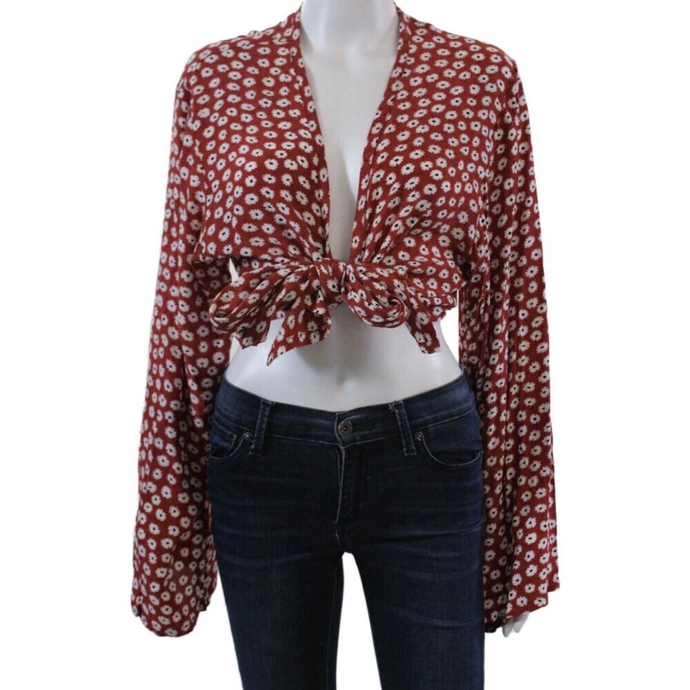 Faithfull The Brand Long Sleeve Floral Tie Front Top 8 Orange/Red Split Sleeve
